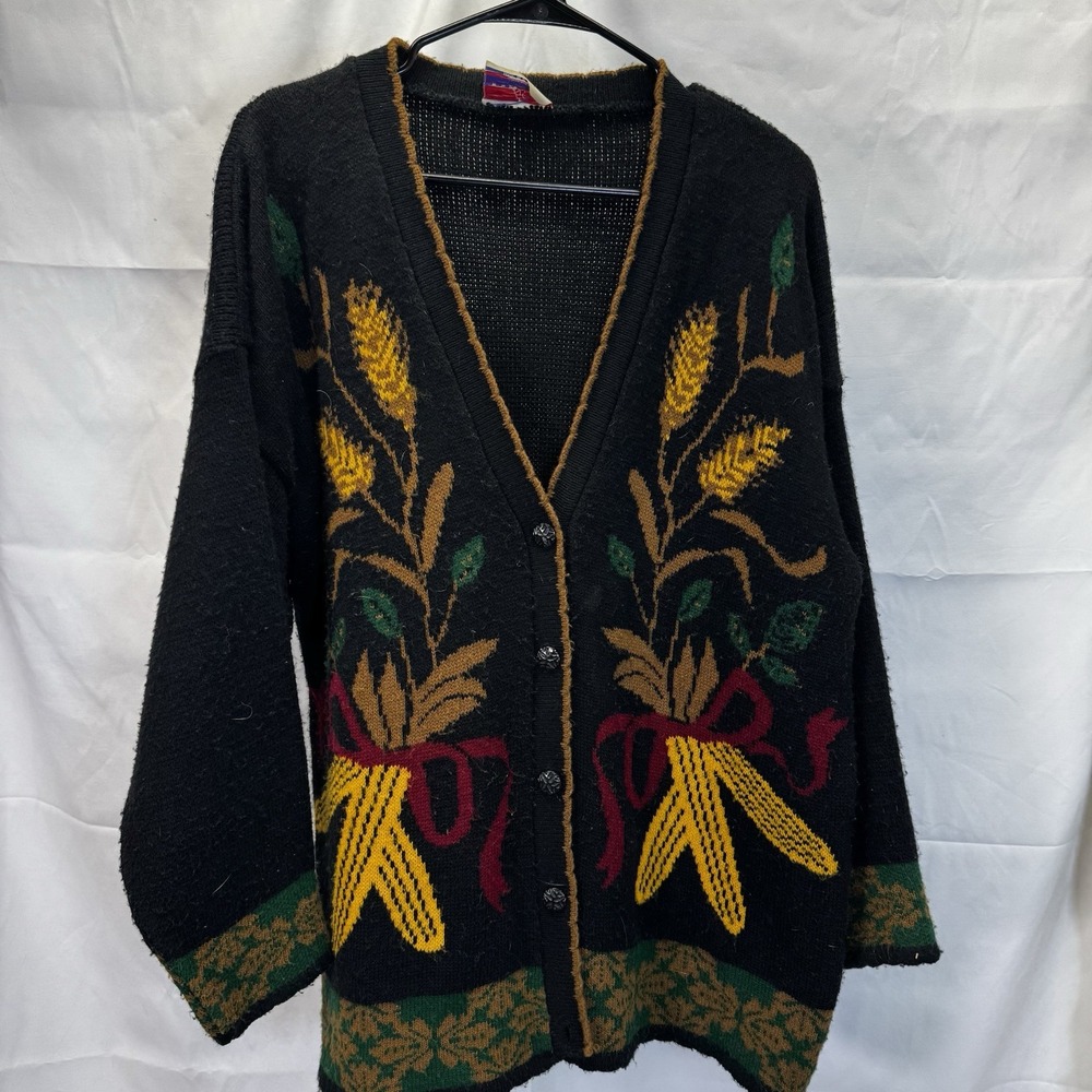 Vintage JJ Poole Size XL‎ Black Corn Maize Wheat Print Button Cardigan Sweater
